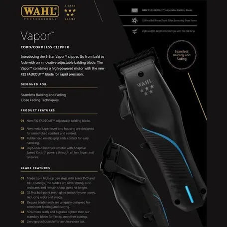 Wahl Professional Vapor Cordless Clipper with F32 FadeOut Blade